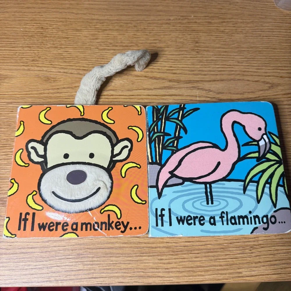 Jellycat If I Were a Monkey / Flamingo Board Book Set Touch Feel sensory Toddler